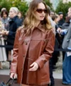 Lily James Milan Fashion Week 2026 Brown Laced Up Leather Jacket Front