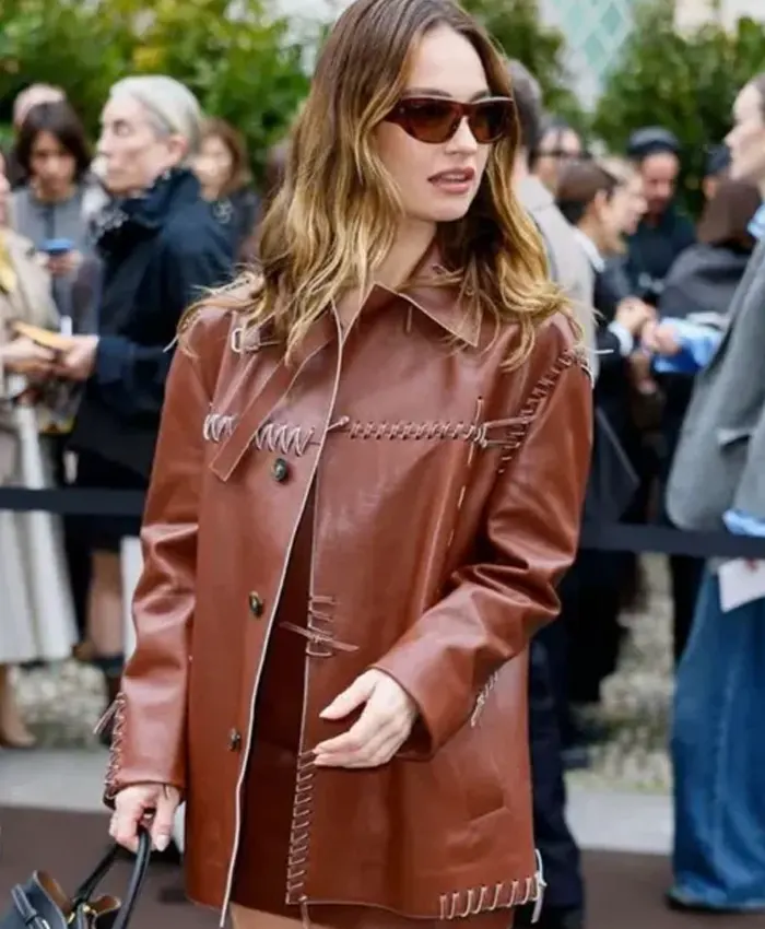 Lily James Milan Fashion Week 2026 Brown Laced Up Leather Jacket Front