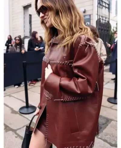 Lily James Milan Fashion Week 2026 Brown Laced Up Leather Jacket Right