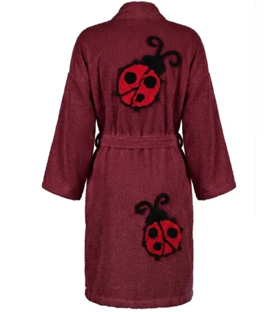 Maroon Lady Bug Tufted Chenille Bathrobe Kimono Style Back