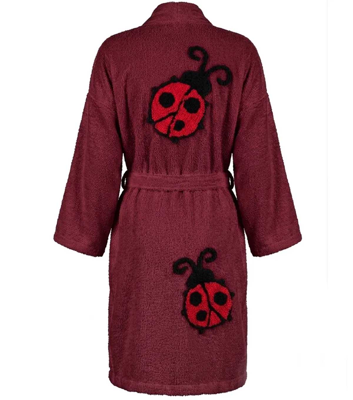 Maroon Lady Bug Tufted Chenille Bathrobe Kimono Style Back