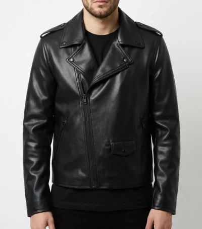 Mens All Black Leather Biker Jacket with Asymmetrical Zipper