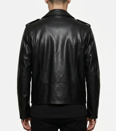 Mens All Black Leather Biker Jacket with Asymmetrical Zipper back