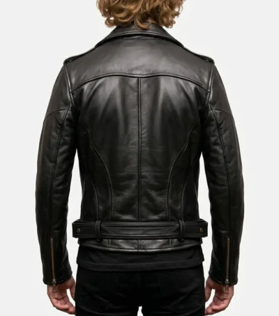 Mens Black Asymmetrical Genuine Leather Biker Jacket back