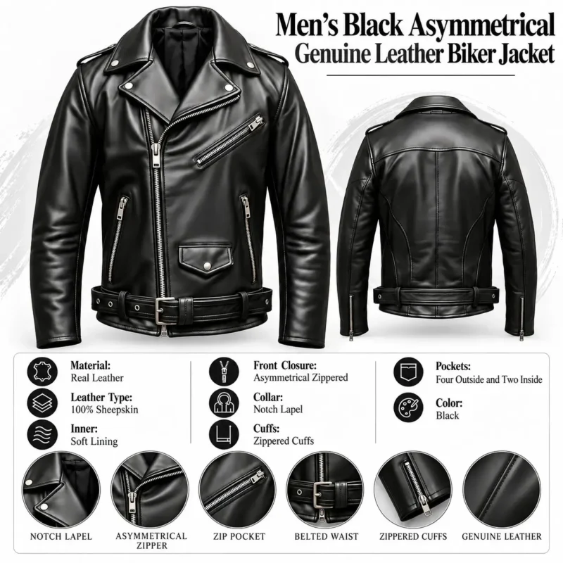 Mens Black Asymmetrical Genuine Leather Biker Jacket info graph