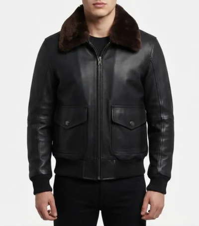 Men's Black G1 Aviator Leather Bomber Jacket with Shearling Fur Collar