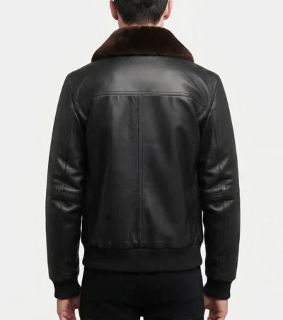 Mens Black G1 Aviator Leather Bomber Jacket with Shearling Fur Collar back