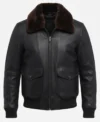 Mens Black G1 Aviator Leather Bomber Jacket with Shearling Fur Collar front
