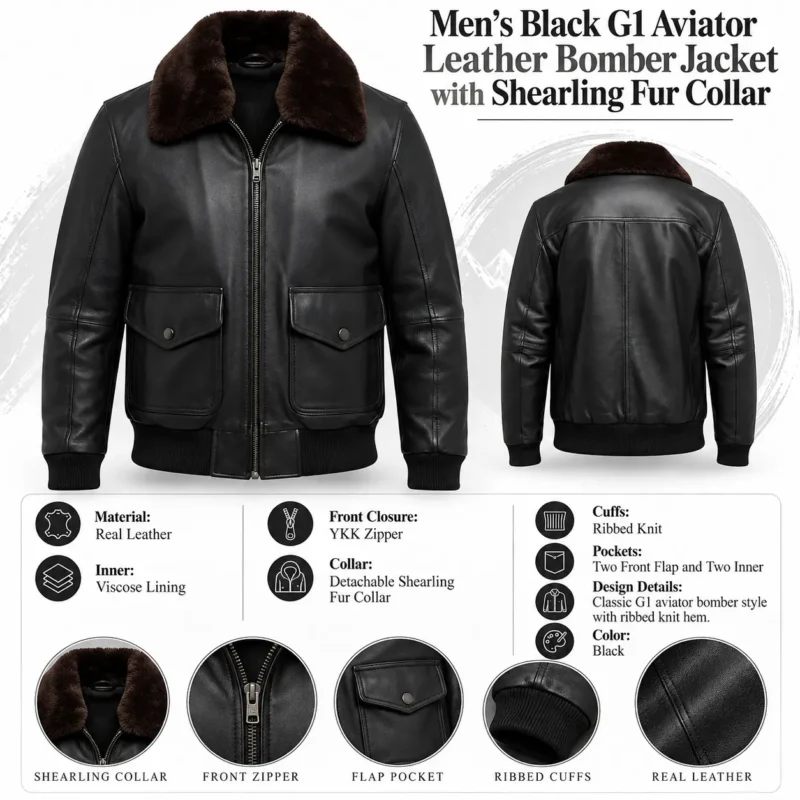 Mens Black G1 Aviator Leather Bomber Jacket with Shearling Fur Collar info graph
