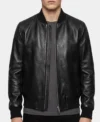 Mens Black Minimal Leather Bomber Jumper Jacket