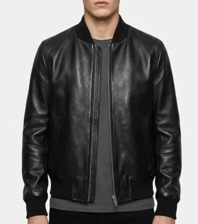 Mens Black Minimal Leather Bomber Jumper Jacket