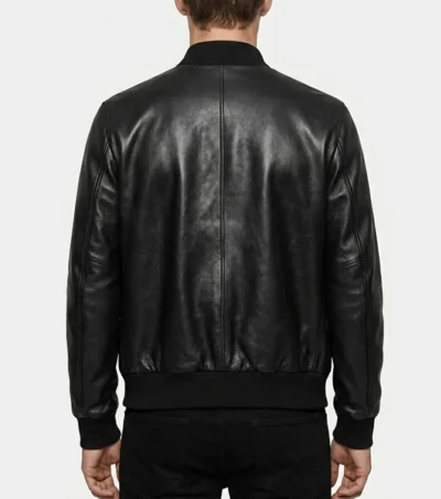 Mens Black Minimal Leather Bomber Jumper Jacket back