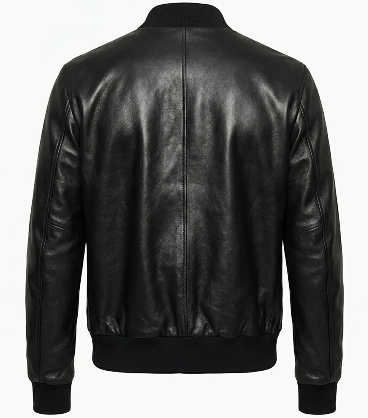 Mens Black Minimal Leather Bomber Jumper Jacket back view