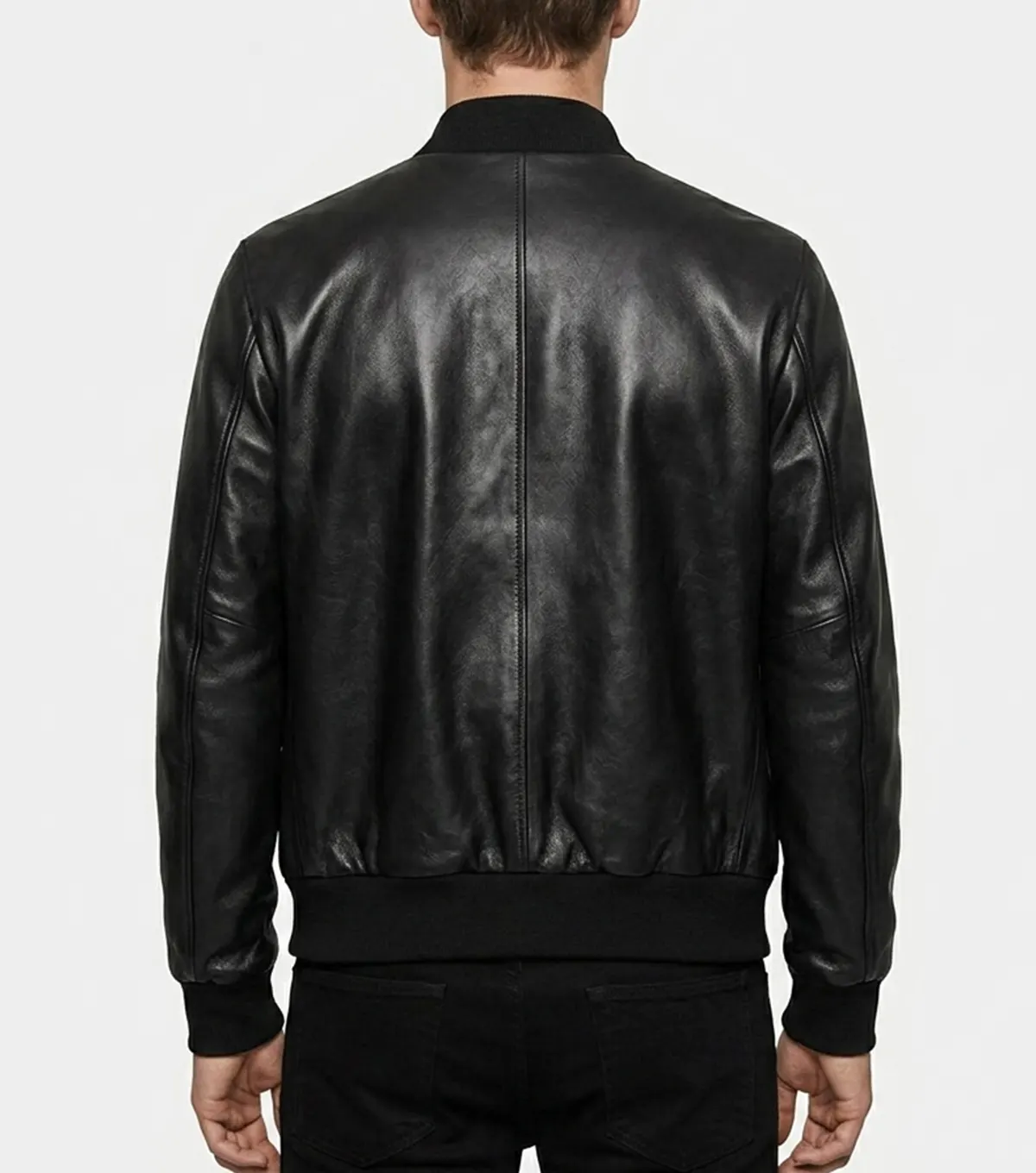 Mens Black Minimal Leather Bomber Jumper Jacket back