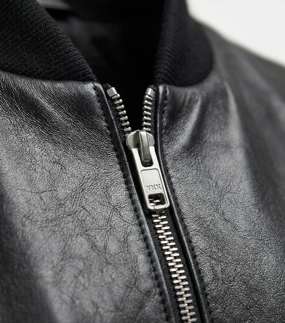 Mens Black Minimal Leather Bomber Jumper Jacket closure