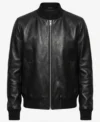 Mens Black Minimal Leather Bomber Jumper Jacket front