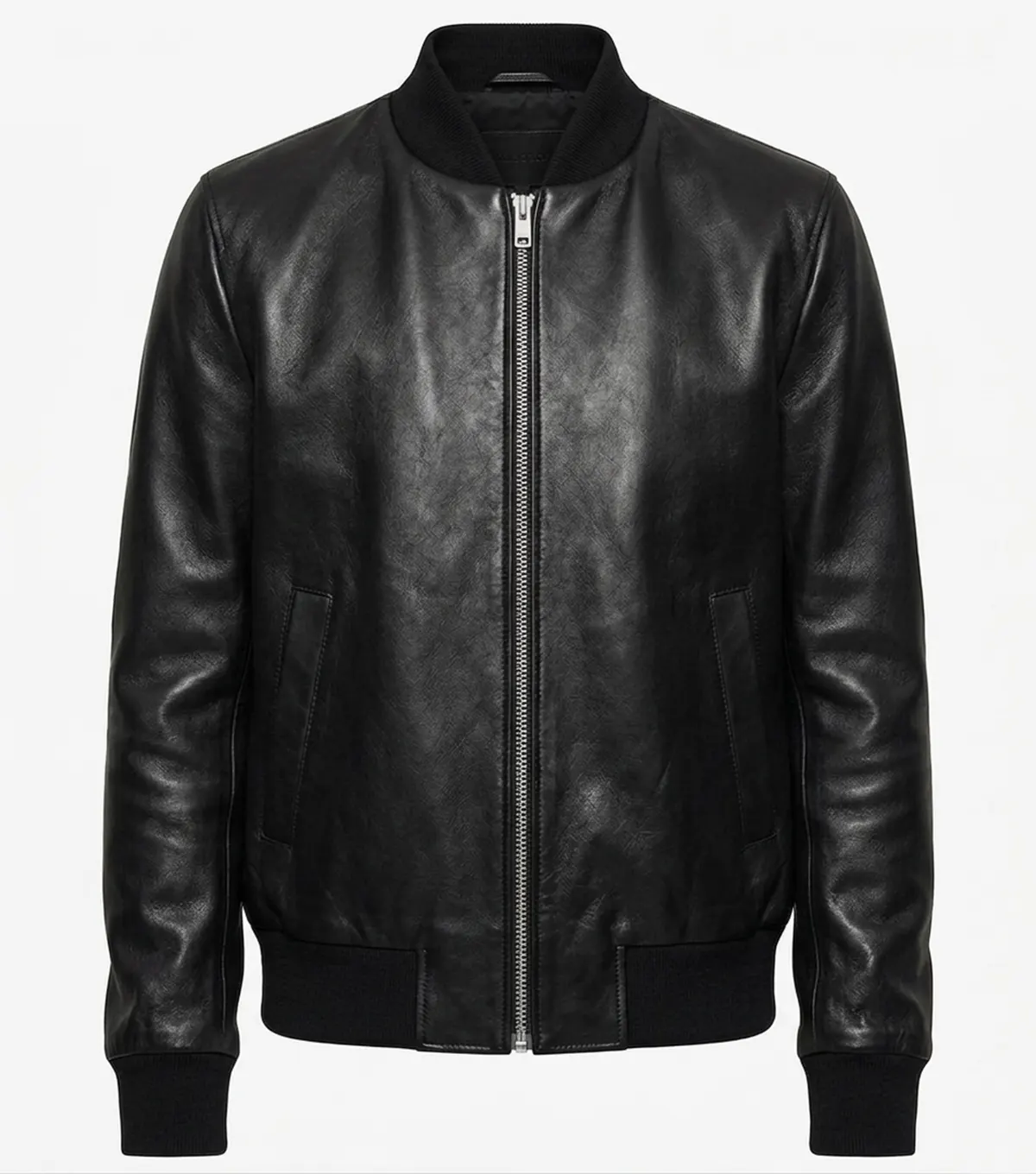 Mens Black Minimal Leather Bomber Jumper Jacket front