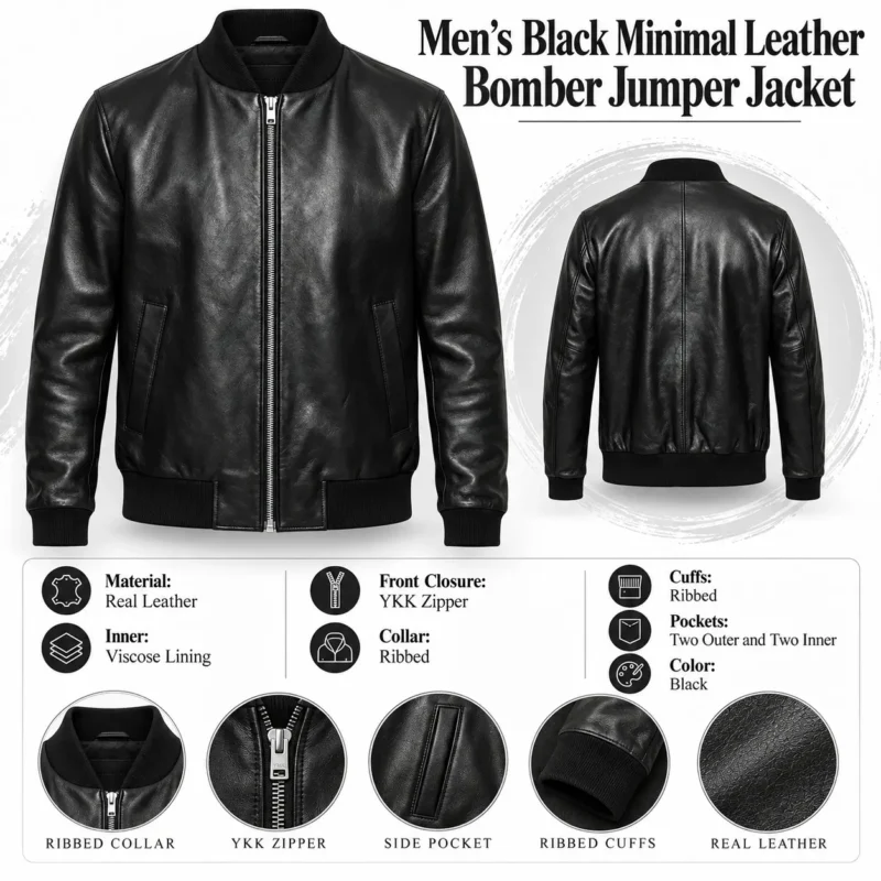 Mens Black Minimal Leather Bomber Jumper Jacket info graph