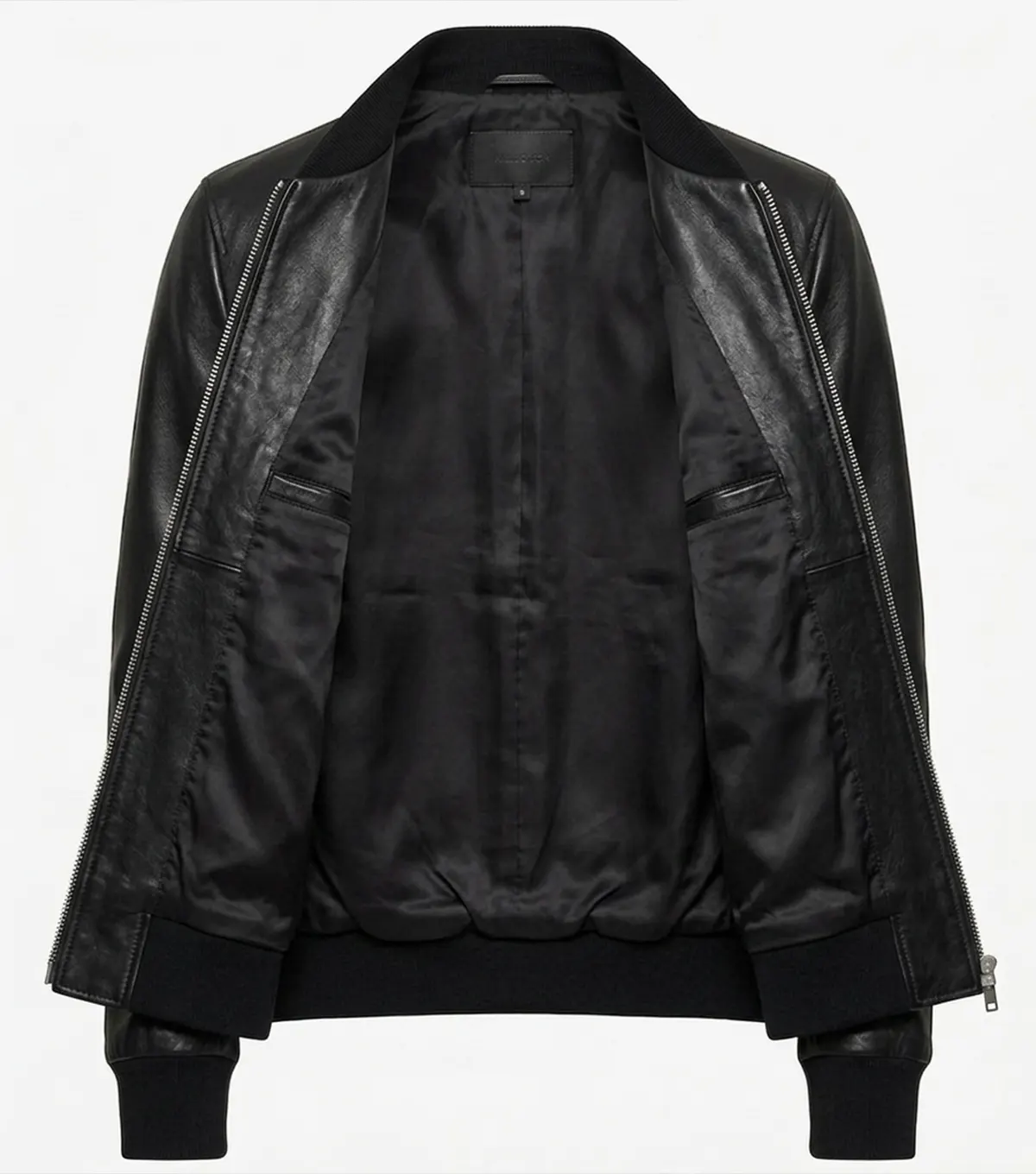 Mens Black Minimal Leather Bomber Jumper Jacket inner