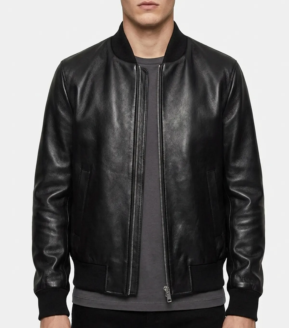 Mens Black Minimal Leather Bomber Jumper Jacket