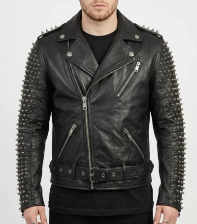 Mens Black Spiked Studded Leather Biker Jacket