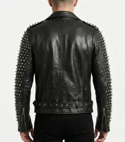 Mens Black Spiked Studded Leather Biker Jacket back