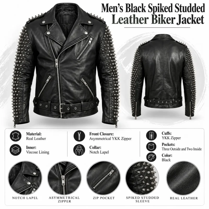 Mens Black Spiked Studded Leather Biker Jacket info graph