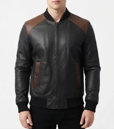 Men's Black and Brown Two Tone Leather Bomber Jacket