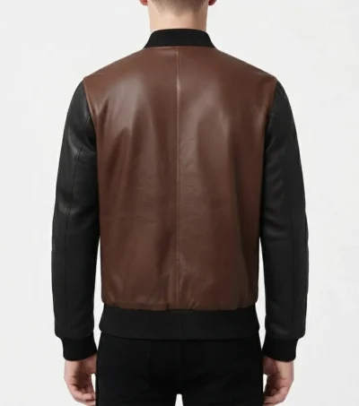 Men's Black and Brown Two Tone Leather Bomber Jacket back