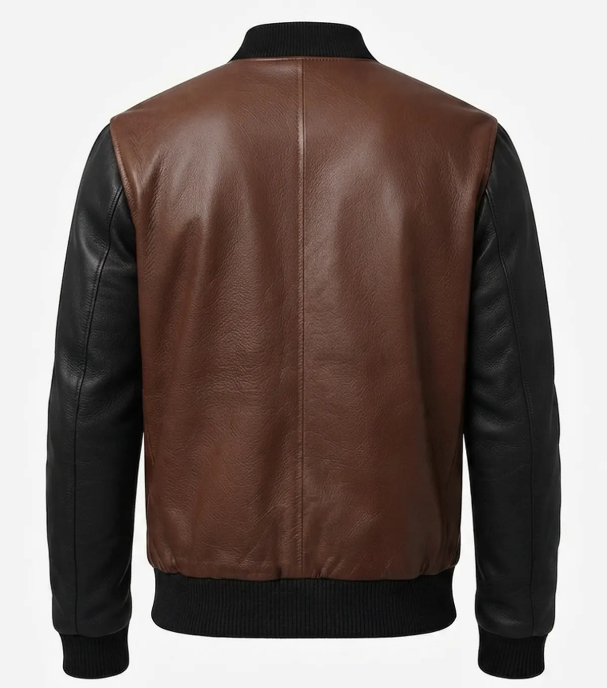 Men's Black and Brown Two Tone Leather Bomber Jacket back view