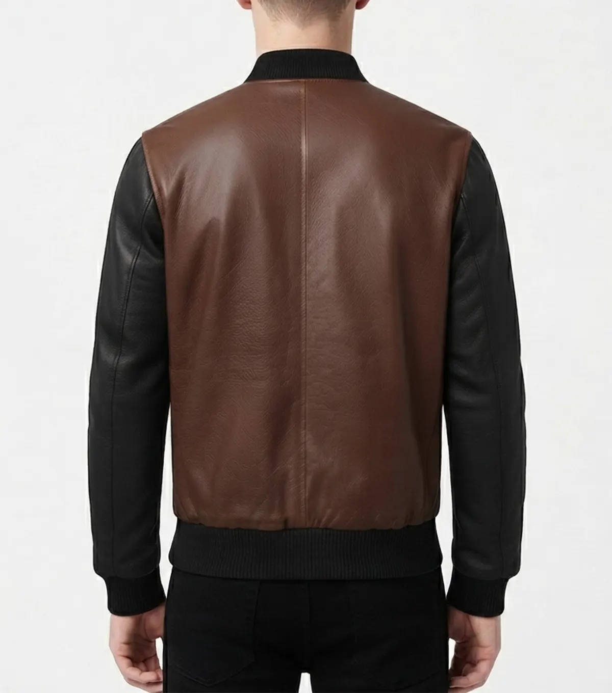 Men's Black and Brown Two Tone Leather Bomber Jacket back
