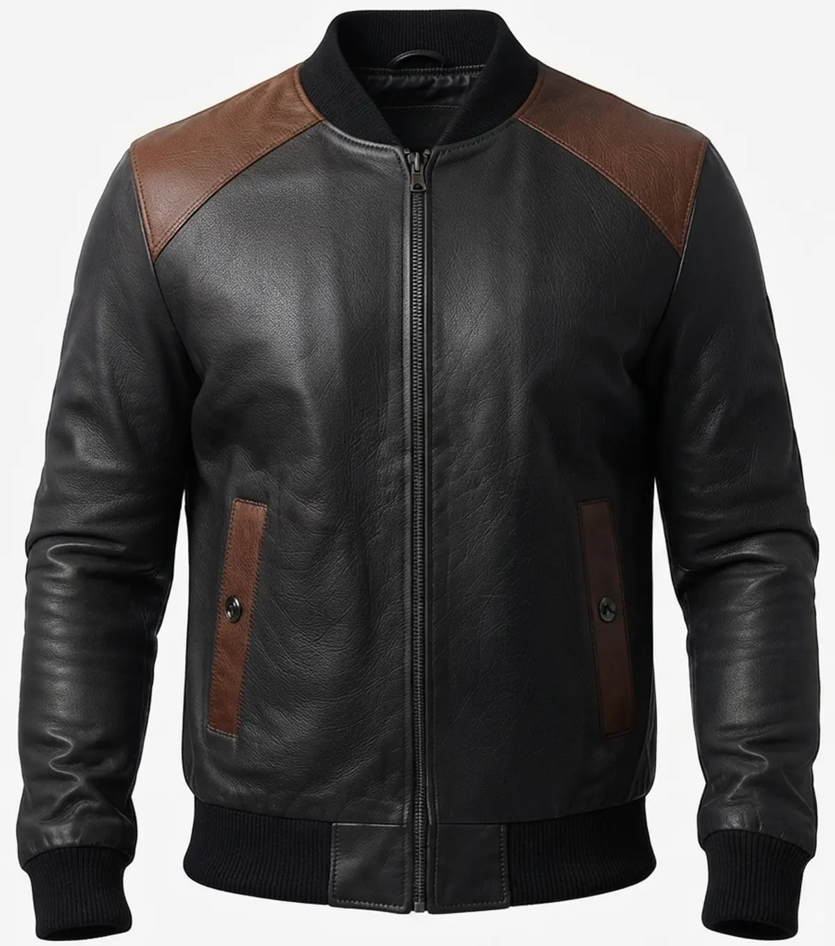 Men's Black and Brown Two Tone Leather Bomber Jacket front