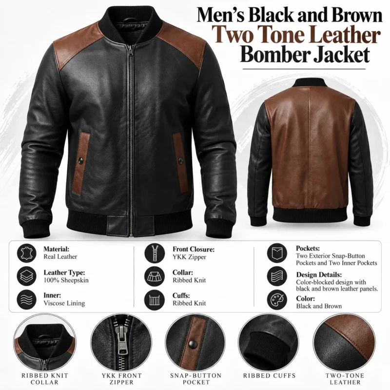 Mens Black and Brown Two Tone Leather Bomber Jacket info graph