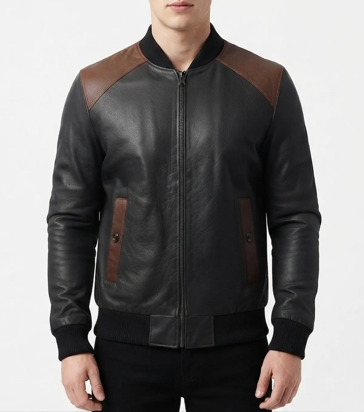 Men's Black and Brown Two Tone Leather Bomber Jacket
