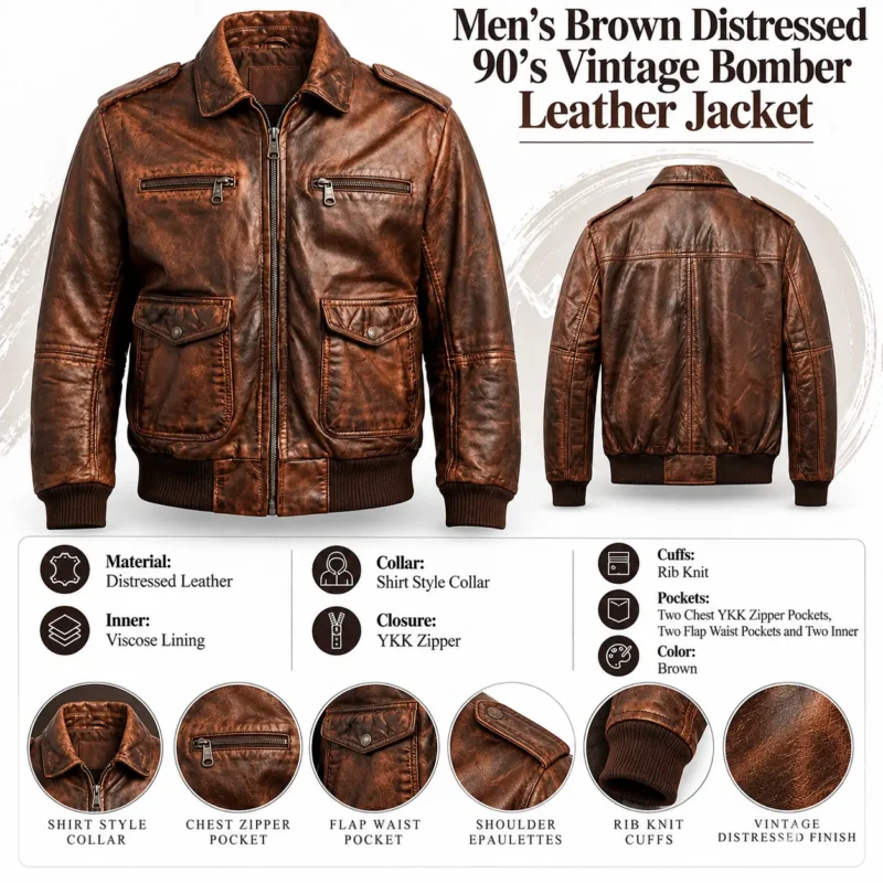 Mens Brown Distressed 90’s Vintage Bomber Leather Jacket info graph