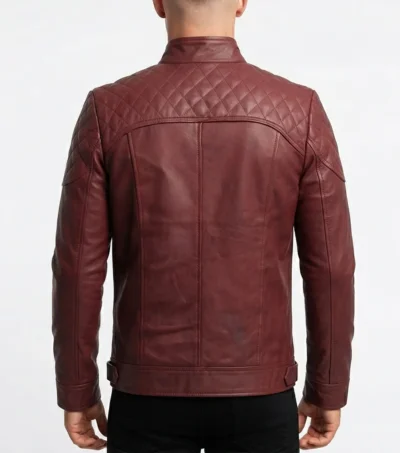 Mens Burgundy Diamond Quilted Leather Jacket back