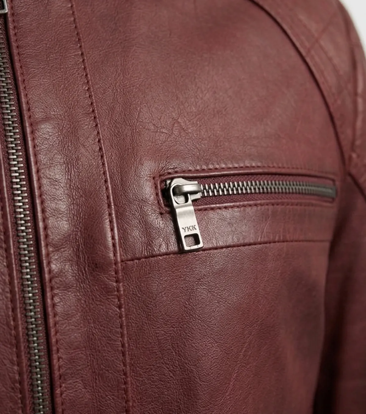 Mens Burgundy Diamond Quilted Leather Jacket chest pocket