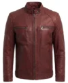 Mens Burgundy Diamond Quilted Leather Jacket front