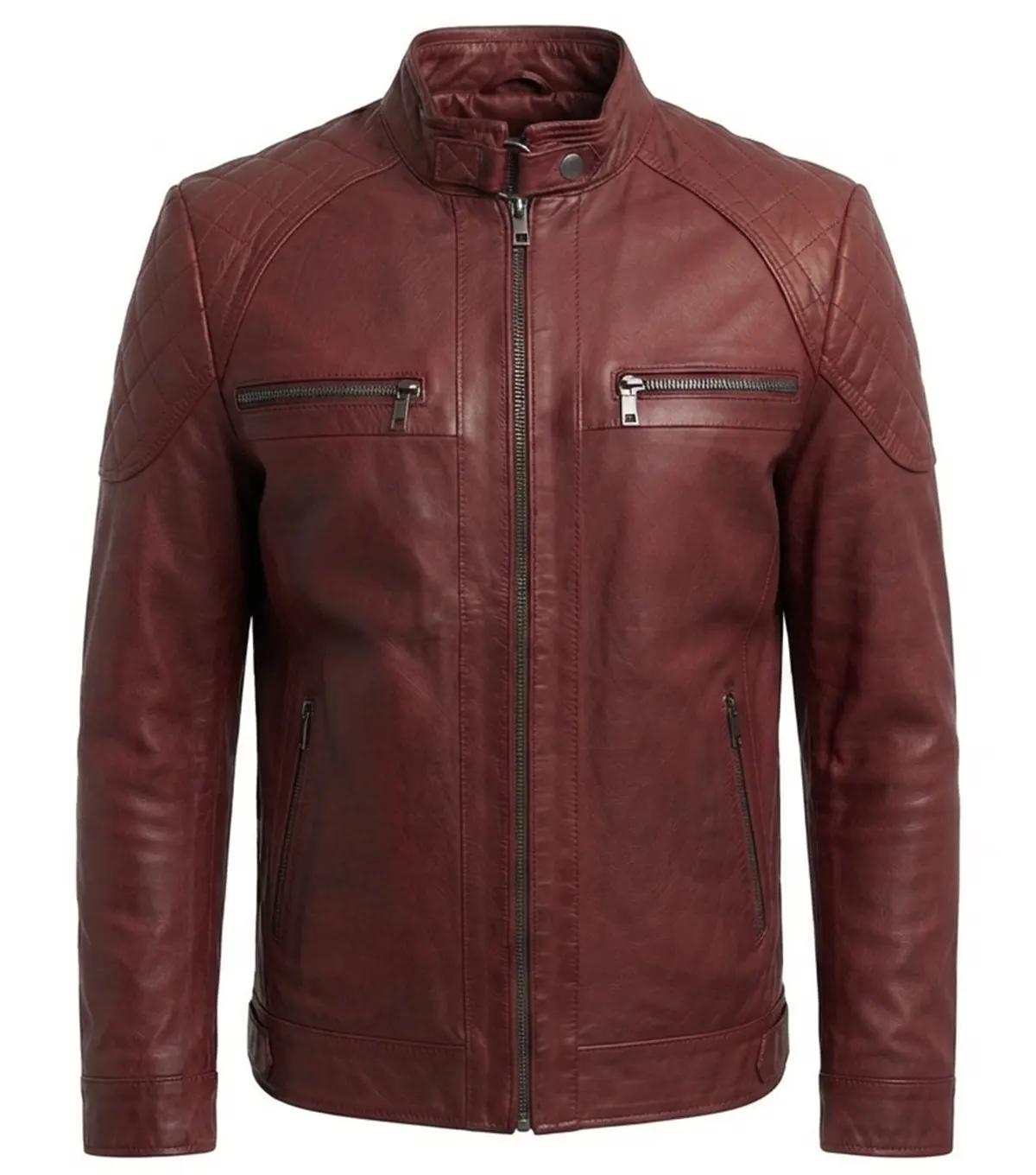 Mens Burgundy Diamond Quilted Leather Jacket front