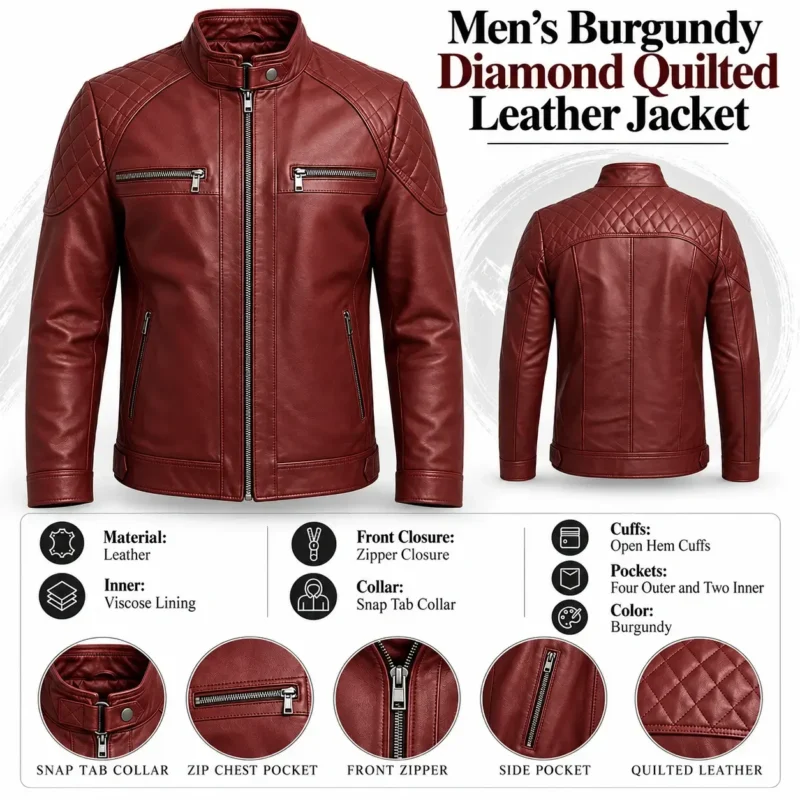 Men’s Burgundy Diamond Quilted Leather Jacket info graph