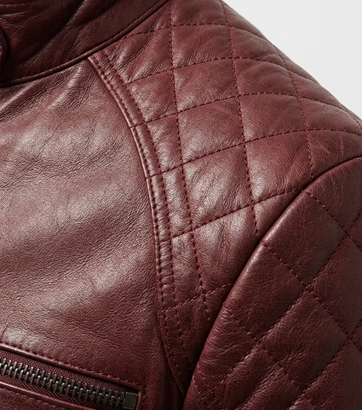 Mens Burgundy Diamond Quilted Leather Jacket shoulder