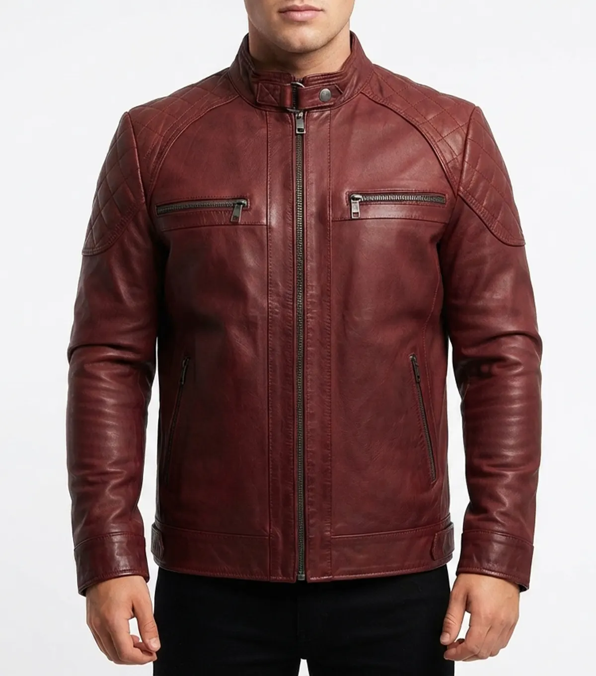 Mens Burgundy Diamond Quilted Leather Jacket