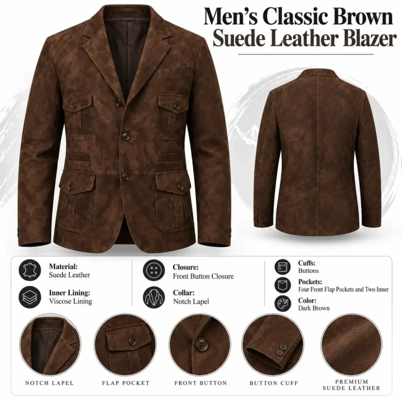 Mens Classic Brown Suede Leather Blazer info graph