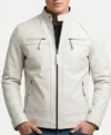 Mens Classic White Real Leather Cafe Racer Jacket
