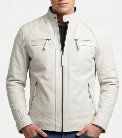 Mens Classic White Real Leather Cafe Racer Jacket