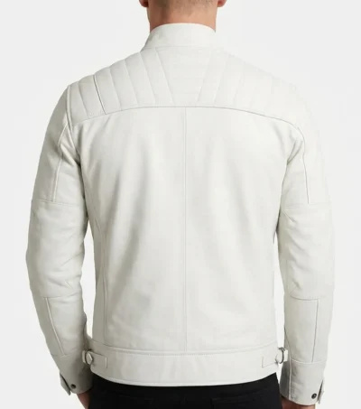 Mens Classic White Real Leather Cafe Racer Jacket back