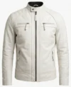 Mens Classic White Real Leather Cafe Racer Jacket front