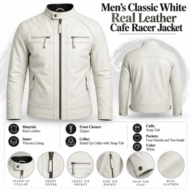 Mens Classic White Real Leather Cafe Racer Jacket info graph