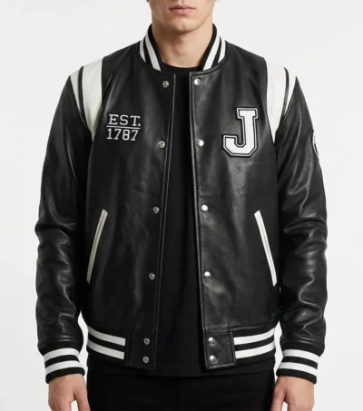 Men's New Jersey Black Real Leather Varsity Jacket