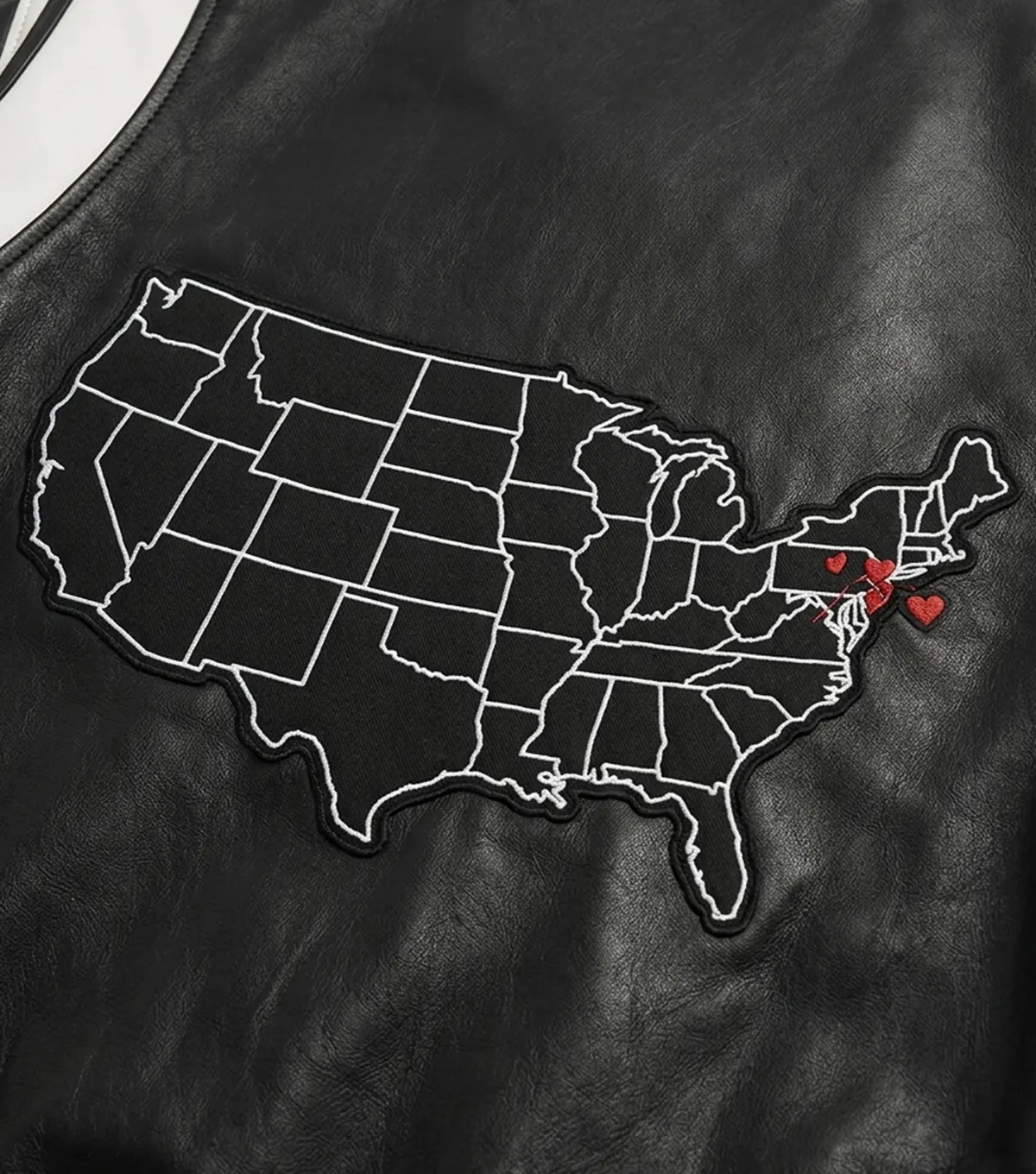 Men’s New Jersey Black Real Leather Varsity Jacket back map usa